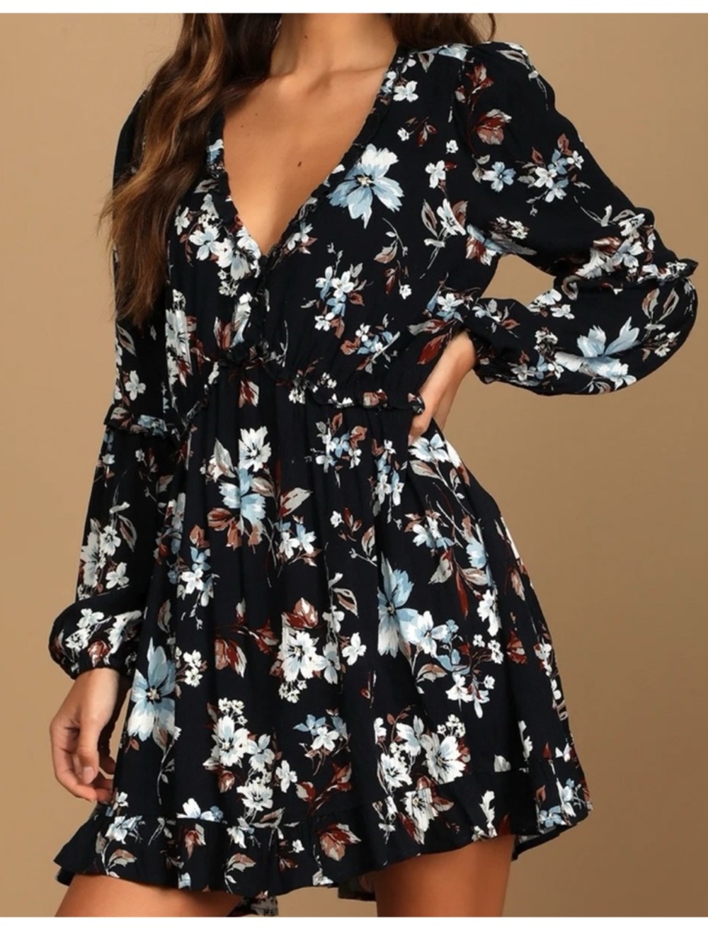 Lulus lovely blooms navy floral print mini dress long sleeve swing dress